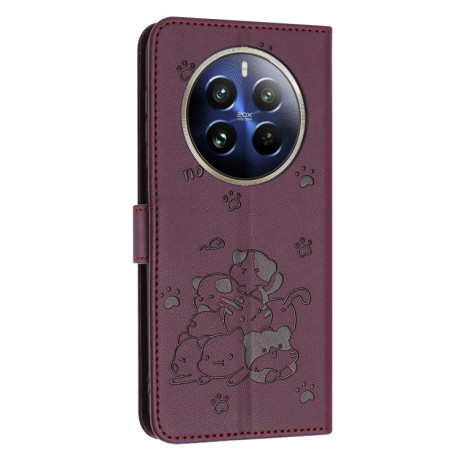Чехол-книжка Embossed Kitten Phone Leather для Realme 12+ 5G/12 4G/13 4G - винно-красный