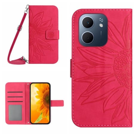 Чехол-книжка Skin Feel с рисунком подсолнуха на OPPO A5x 4G Global / 5G Global - пурпурно-красный