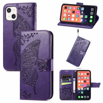 Чехол-книжка Butterfly Love Flower Embossed на iPhone 13 mini - фиолетовый