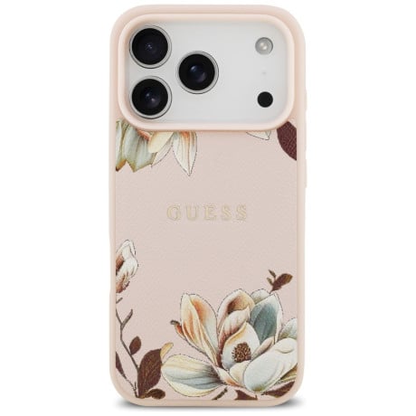 Оригинальный чехол Guess Grained Flowers Classic Logo с MagSafe на iPhone 17 Pro - Pink
