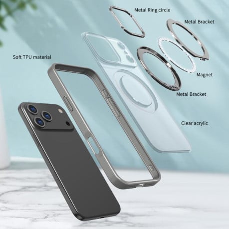 Чехол kalebol с MagSafe и подставкой 360 Metal Ring Holder на iPhone 17 Pro - Gray
