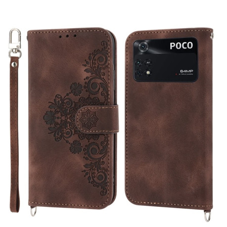 Чохол-книжка Global Skin-feel Flowers для Xiaomi Poco X4 Pro 5G - коричневий