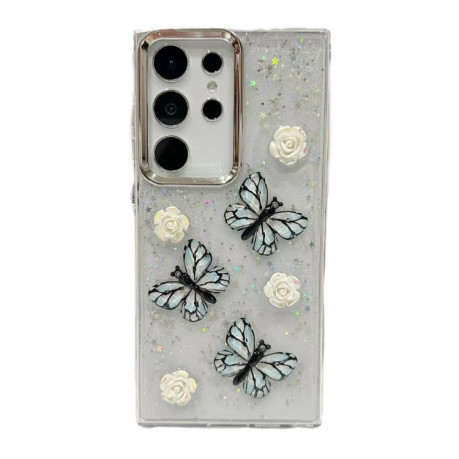 Противоударный чехол Plated Gradient Glitter Butterfly Holder для Samsung Galaxy S25 Ultra 5G - синий