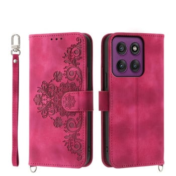 Чехол-книжка Skin-feel Flowers Embossed для Motorola Edge 60 Pro - винно-червоний