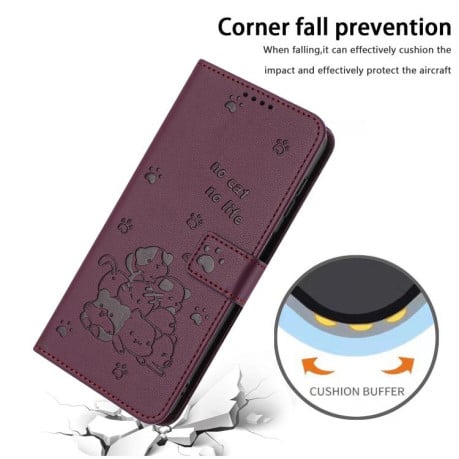 Чохол-книжка Embossed Kitten Phone Leather для Infinix Note 50 4G / 50 Pro 4G - винно-червоний