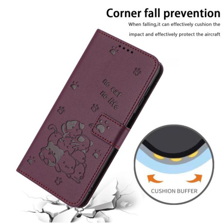 Чехол-книжка Embossed Kitten Phone Leather для OPPO Reno13 5G Global - винно-красный