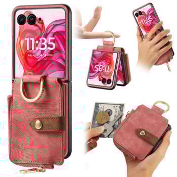 Чехол Cross Leather Ring Vertical Zipper Wallet для Motorola Razr 60 Ultra - рожевий