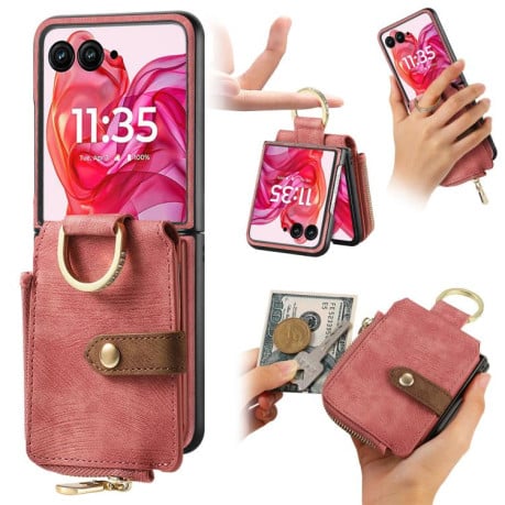 Чехол Cross Leather Ring Vertical Zipper Wallet для Motorola Razr 60 Ultra - розовый