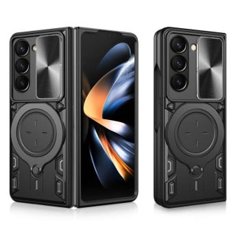 Чехол со шторкой камеры CD фактурой и подставкой на Samsung Galaxy Fold 7 5G - черный