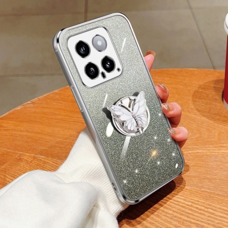 Протиударний чохол Plated Gradient Glitter Butterfly Holder для Xiaomi 14 - сріблястий