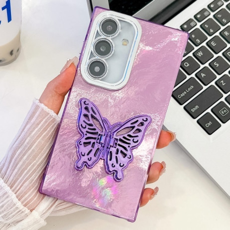 Противоударный чехол Plating Glitter Texture Butterfly для Samsung Galaxy S25 5G - Purple Tinfoil Texture