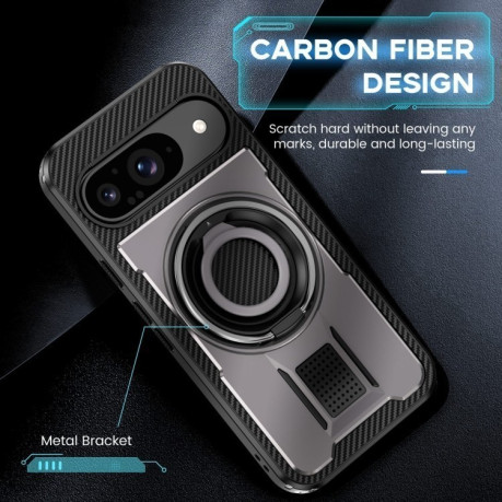 Протиударний чохол Ring Holder Carbon Fiber PC Hybrid TPU для Google Pixel 9/9 Pro - сірий