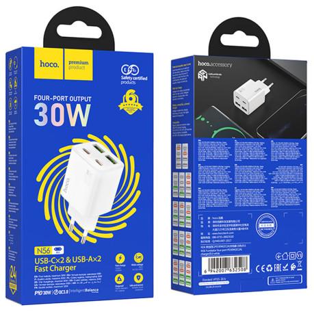 Быстрая зарядка Hoco N56 Fundador PD30W four-port (2USB-A/2C)  - белая