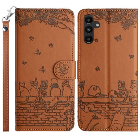 Чехол-книжка Cat Embossing Pattern на Samsung Galaxy S24 FE 5G - коричневый