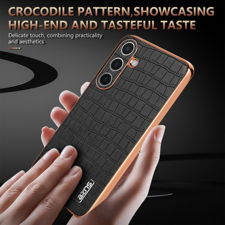 Чехол AZNS Electroplated Frame Crocodile Texture на Samsung Galaxy S25 5G - коричневый