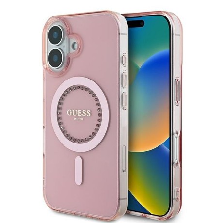 Оригинальный чехол Guess IML Rhinestones MagSafe для iPhone 16 - Pink
