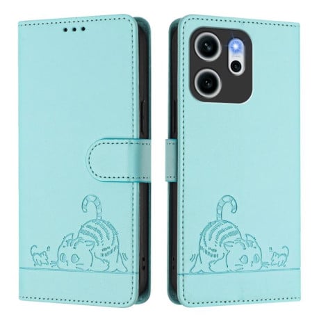 Чехол-книжка Cat Embossing Pattern на OPPO Reno14 F 5G - зеленый