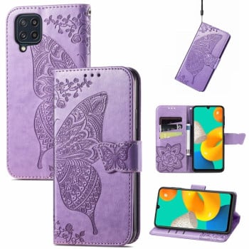 Чехол-книжка Butterfly Love Flowers Embossing на Samsung Galaxy M32/A22 4G - светло-фиолетовый
