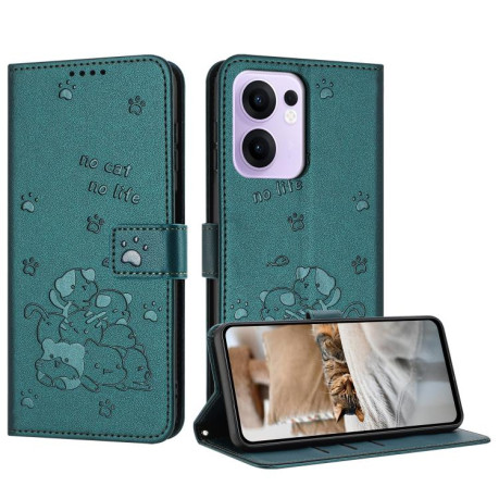 Чехол-книжка Embossed Kitten Phone Leather для OPPO Reno13 F/Reno13 FS- зеленый
