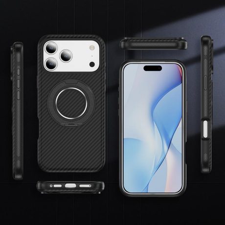 Карбоновый чехол Carbon Fiber Gear Holder C Type с держателем и MagSafe на iPhone 18 Pro Max / 17 Pro Max — чёрный