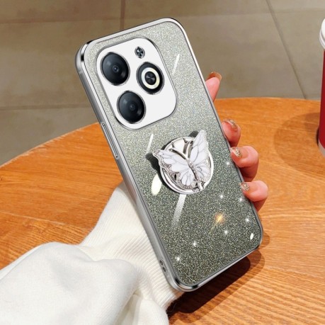 Противоударный чехол Plated Gradient Glitter Butterfly Holder для Infinix Smart 8 - серебристый
