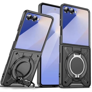 Ударозащитный чехол Transparent MagSafe Magnetic Rotating Ring Holder на Samsung Galaxy Flip 7 5G - черный
