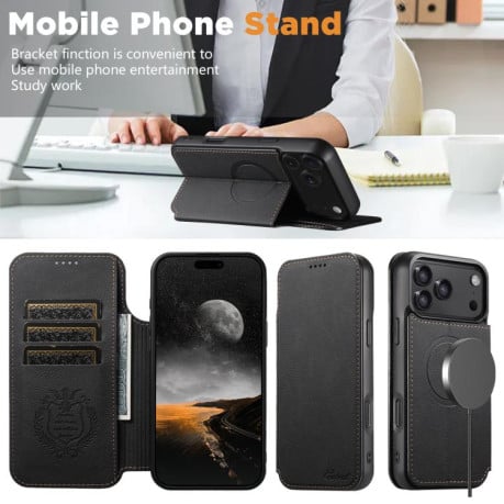 Чехол-книжка Suteni J06 с фактурой Retro Matte Litchi с MagSafe на iPhone 17 - черный