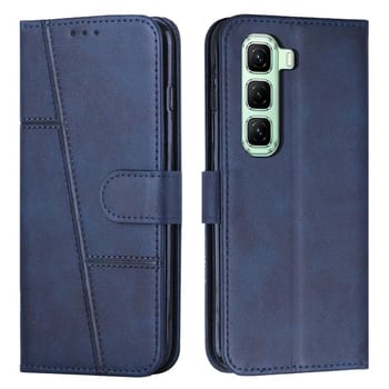 Чехол-книжка со строчкой и фактурой Calf с магнитным хлястиком на Infinix Hot 70 5G — синий
