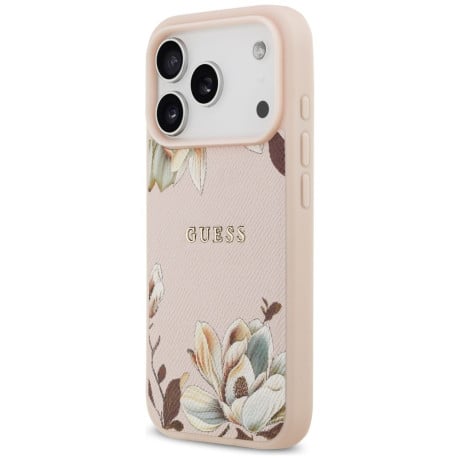 Оригинальный чехол Guess Grained Flowers Classic Logo с MagSafe на iPhone 17 Pro - Pink