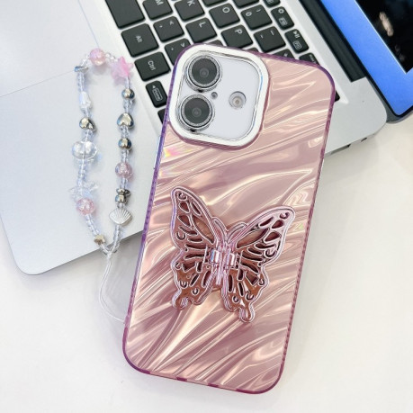 Противоударный чехол Plating Glitter Lens Film Texture Butterfly Holder Wristband для iPhone 16 - Pink Water Ripples