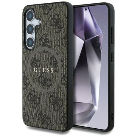 Оригинальный чехол Guess Leather 4G Colored Ring Classic Logo MagSafe для Samsung Galaxy S25 - Brown
