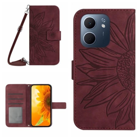 Чохол-книжка Skin Feel з малюнком соняшника на OPPO A5x 4G Global / 5G Global - винно-червоний