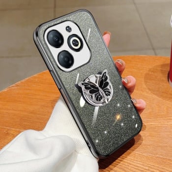 Противоударный чехол Plated Gradient Glitter Butterfly Holder для Infinix Smart 8 - черный