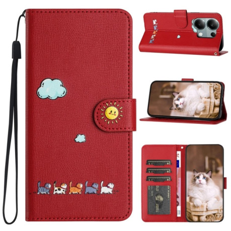 Чехол-книжка Cartoon Cats Leather для Xiaomi Redmi Note 13 Pro 4G / Poco M6 Pro 4G - красный