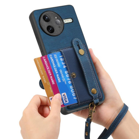 Противоударный чехол Retro Cross Wristband Wallet Leather для Xiaomi Poco F7 Ultra - синий