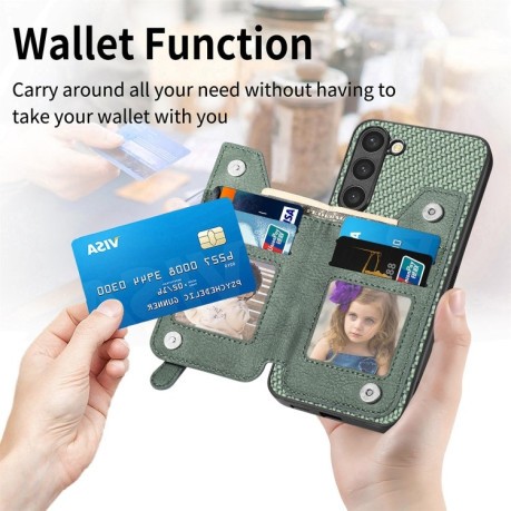 Противоударный чехол Carbon Ffiber Flip Zipper Wallet для Samsung Galaxy S23+Plus 5G - зеленый