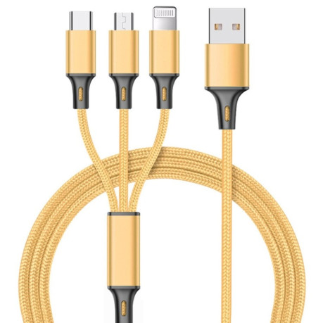 Универсальный зарядный кабель 1.2m Nylon Weave 3 in 1 2.4A USB to Micro USB + 8 Pin + Type-C Charging Cable для Samsung/iPhone/iPad - золотой