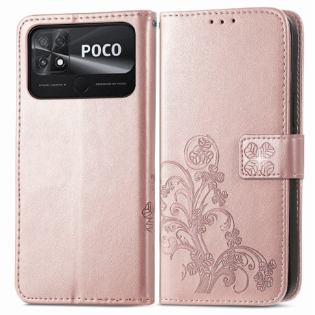 Чехол-книжка Four-leaf Clasp Embossed на Xiaomi Poco C40/Redmi 10c - розовое золото
