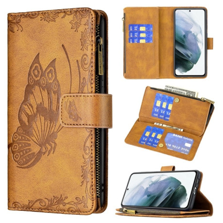 Чехол-книжка Flying Butterfly для Samsung Galaxy S21 FE - коричневый