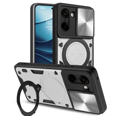 Чехол со шторкой камеры CD фактурой и подставкой на OnePlus Ace 5 Racing / Nord CE5 - серебристый