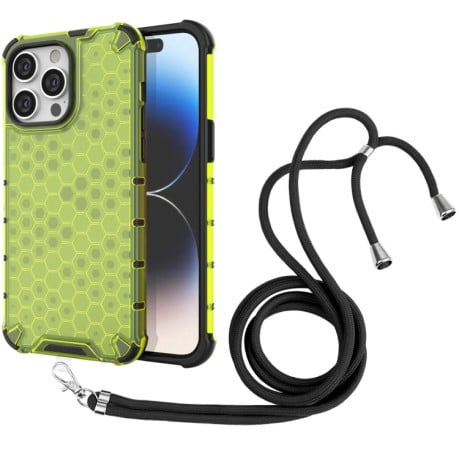 Протиударний чохол Honeycomb with Neck Lanyard для iPhone 15 Pro Max - зелений
