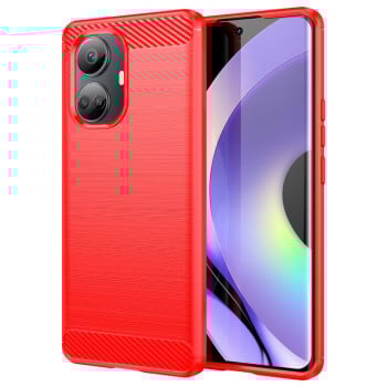 Противоударный чехол Brushed Texture Carbon Fiber на Realme 10 Pro+ - красный