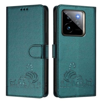 Чехол-книжка Cat Embossing Pattern на Realme GT 7 Pro 5G - Peacock Green
