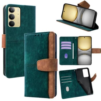 Чохол-книжка Color Stitching Skin Feel із захистом від сканування RFID та магнітним хлястиком на Realme C75 4G / 14x 5G Global - зелений