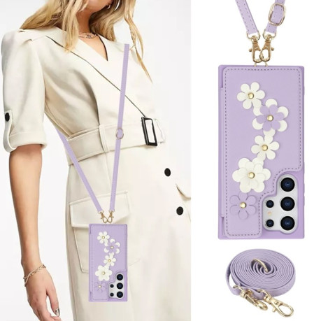 Чохол Crossbody Flower Pattern Leather  для Samsung Galaxy S25 Ultra 5G - фіолетовий