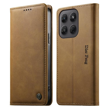 Чехол-книжка  Dierfeng Metal Snap Magnetic RFID Vegan Leather на Motorola Edge 70 Pro 5G — светло-коричневый