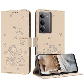 Чехол-книжка Embossed Kitten Phone Leather на Realme C75 / V60 Pro - бежевый