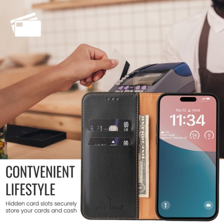 Кожаный чехол-книжка Fierre Shann Genuine leather для iPhone 16 Pro Max - черный