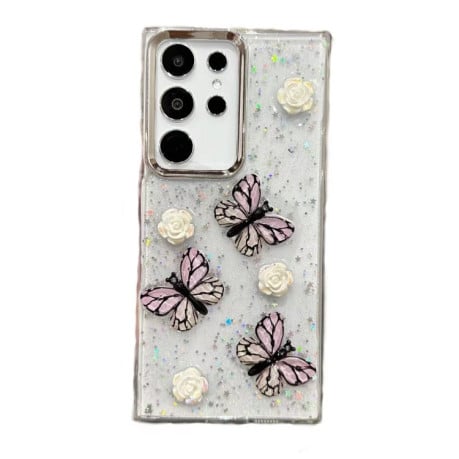 Противоударный чехол Plated Gradient Glitter Butterfly Holder для Samsung Galaxy S25 Ultra 5G - розовый