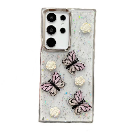 Противоударный чехол Plated Gradient Glitter Butterfly Holder для Samsung Galaxy S25 Ultra 5G - розовый